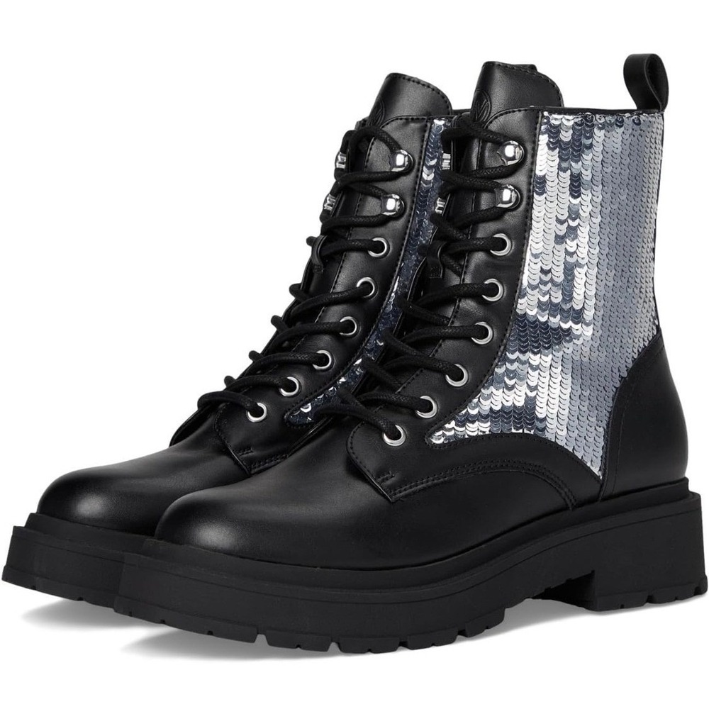 Nine West Black Sequin Combat Boots Lug Sole Lace Up Platform Boots 7M NEW